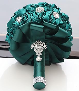 Sharebeauty 7.9 Handmade Satin Rose Bridal Bouquet Toss Round Wedding Bouquet Throw Toss Artificial Flower Bunch Dark Green