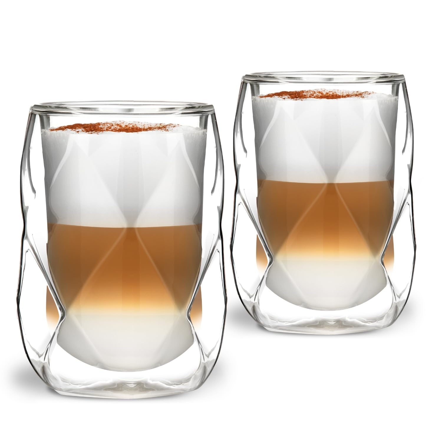 Vialli Design Set 2 x Thermogläser Doppelwandig 350 ml, Gläser für Latte Macchiato, Cappuccino, Geo Kollektion, Latte Tassen, Kaffeetassen, Kaffeegläser, Hitzebeständiges Glas, Transparente