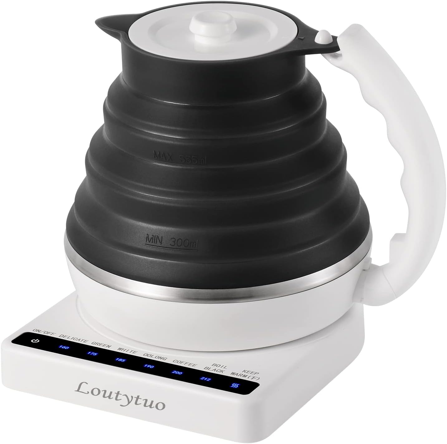 Ultrathin Food Grade Silicone Travel Foldable Electric Kettle Variable Temperature Control with Dual Voltage, Auto Shutoff & Boil Dry Protection & Keep Warm, 555ML 110-220V US Plug (Black)