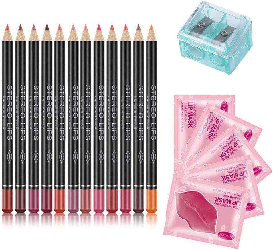 Matte Lip Pencil Set - 12 Assorted Colors Waterproof and Natural Long Lasting Lip Liners with 10 Lip Masks & 1 Sharpener Makeup Kit (Red Pink Rose Plum Brown etc.) for Women & Girls