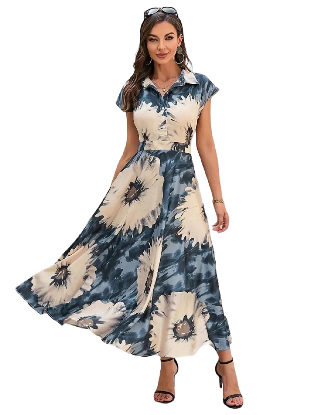 Bollyclues Women's Rayon Fit and Flare Printed Cap Sleeve Coller-Neck Casual Maxi Dress(MX-02)