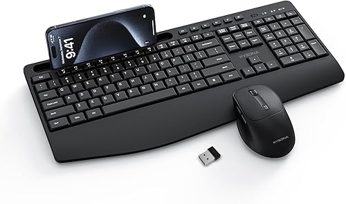 KYSONA Combo de teclado y mouse inalámbricos, teclado inalámbrico de tamaño completo con reposamuñecas, soporte para iPad, teclado óptico ajustable
