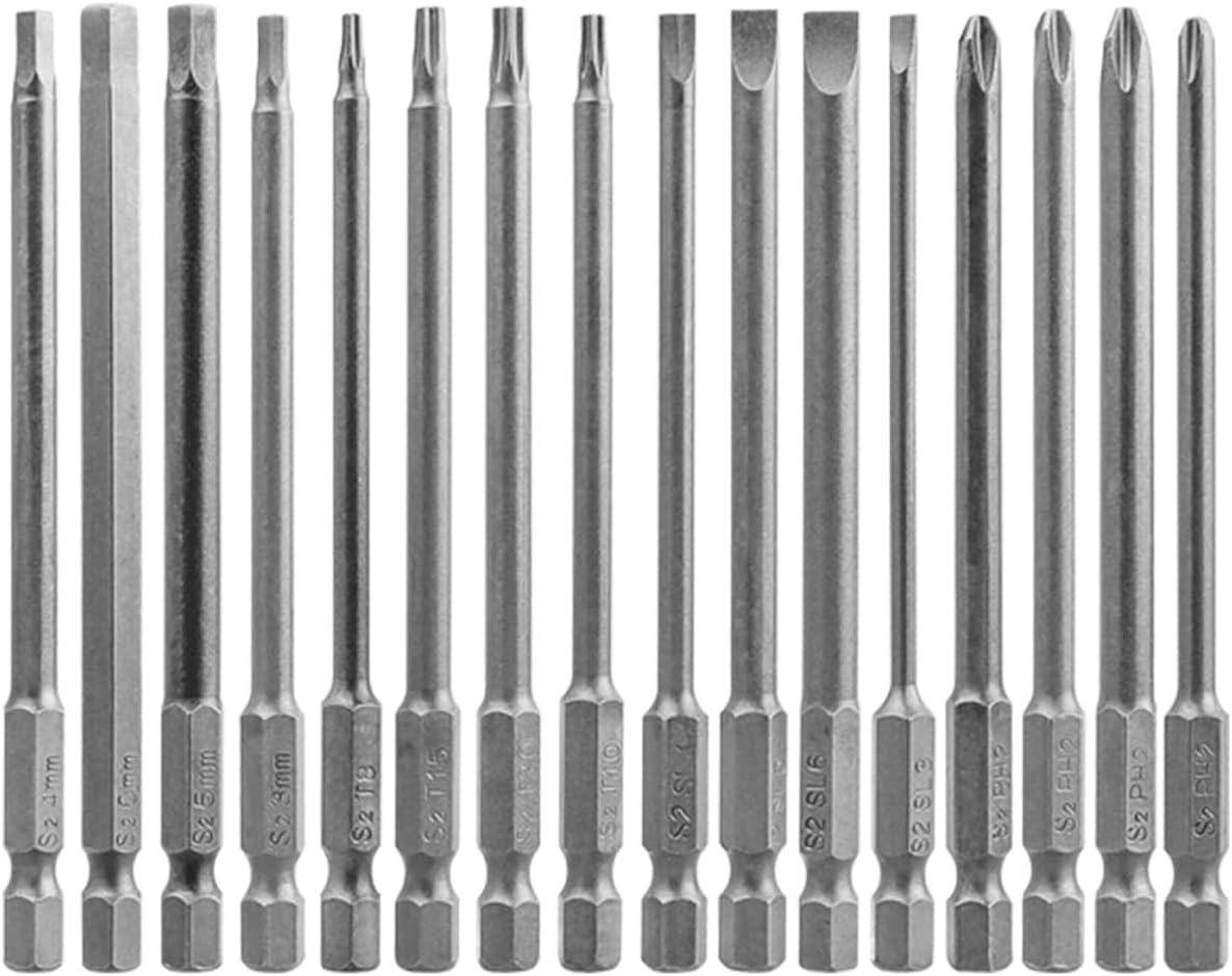 Wolfride 16pcs Long Magnetic Screwdriver Bits Set Slotted+Cross+Torx+Hex Drill Bit Set 1/4 Inch Hex Shank 100mm Length
