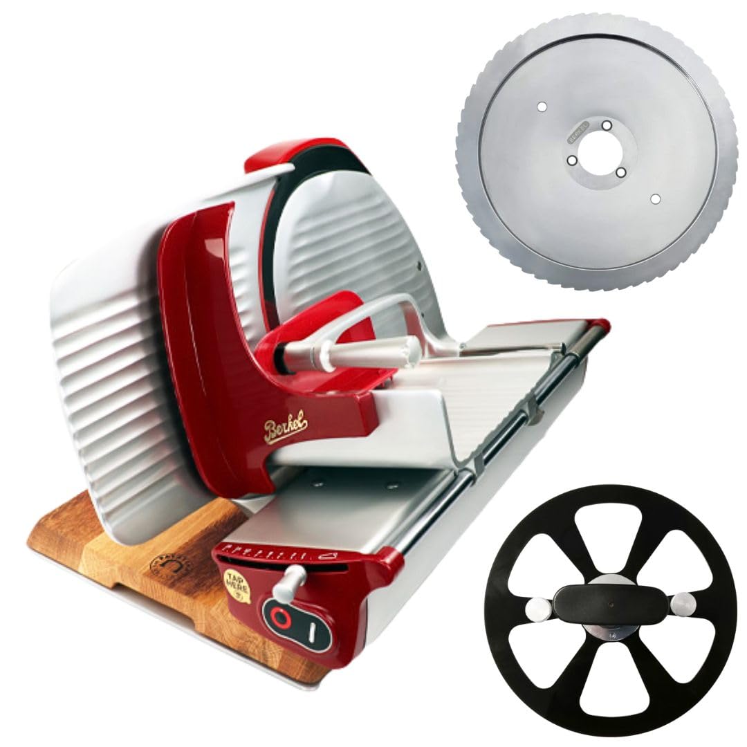 Berkel Home Line 250 Plus, affettatrice professionale, lama da 250 mm, rosso, affettatrice per pane, tagliere fatto a mano
