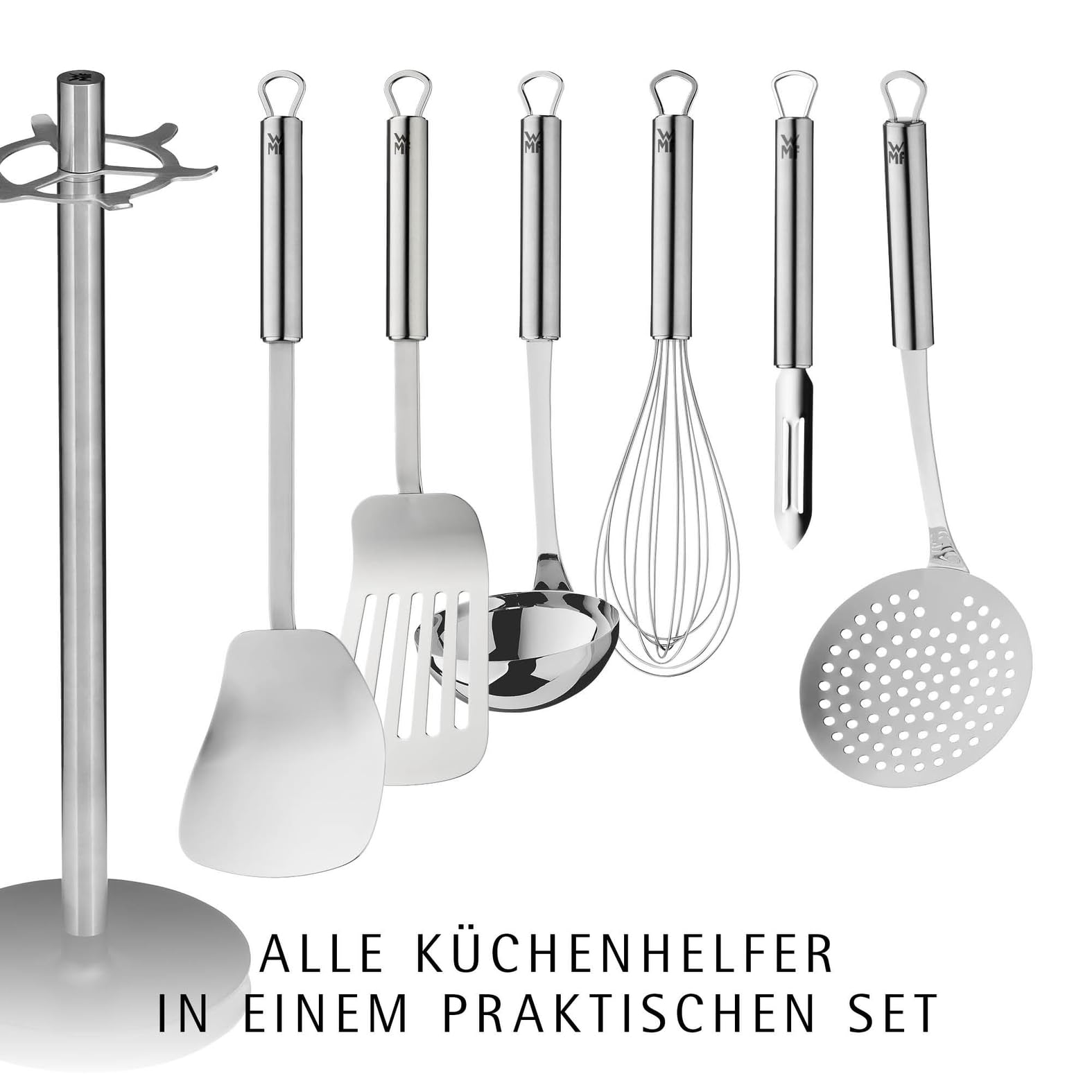 WMF Profi Plus Küchenhelfer Set Edelstahl 7-teilig, Küchenbesteck, Ständer mit 6 Helfern, Schöpflöffel, Schaumlöffel, Wokwender, Wender, Schneebesen, Gemüseschäler, Cromargan Edelstahl, spülmaschinengeeignet