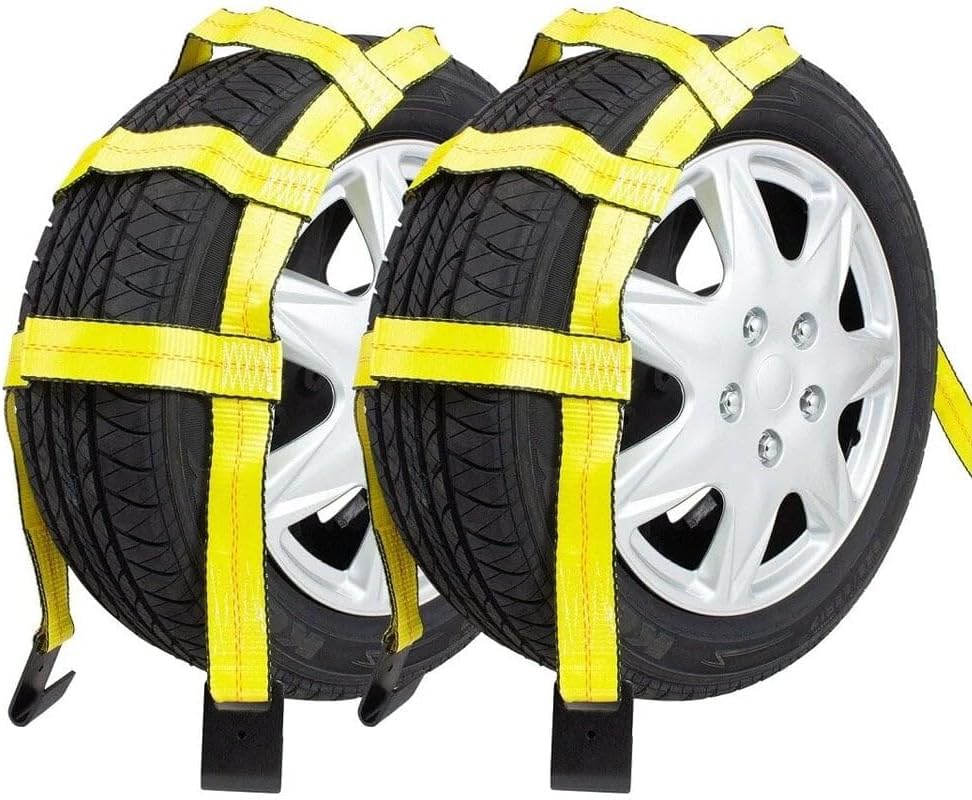 Mytee Products 2 Pack Tow Dolly Basket Straps with Flat Hook for 14"-19" Tires - 12,000 lbs Breaking Strength - Heavy Duty Wheel Net Auto Car Dolly Tie Down Straps for Universal Vehicle Towing