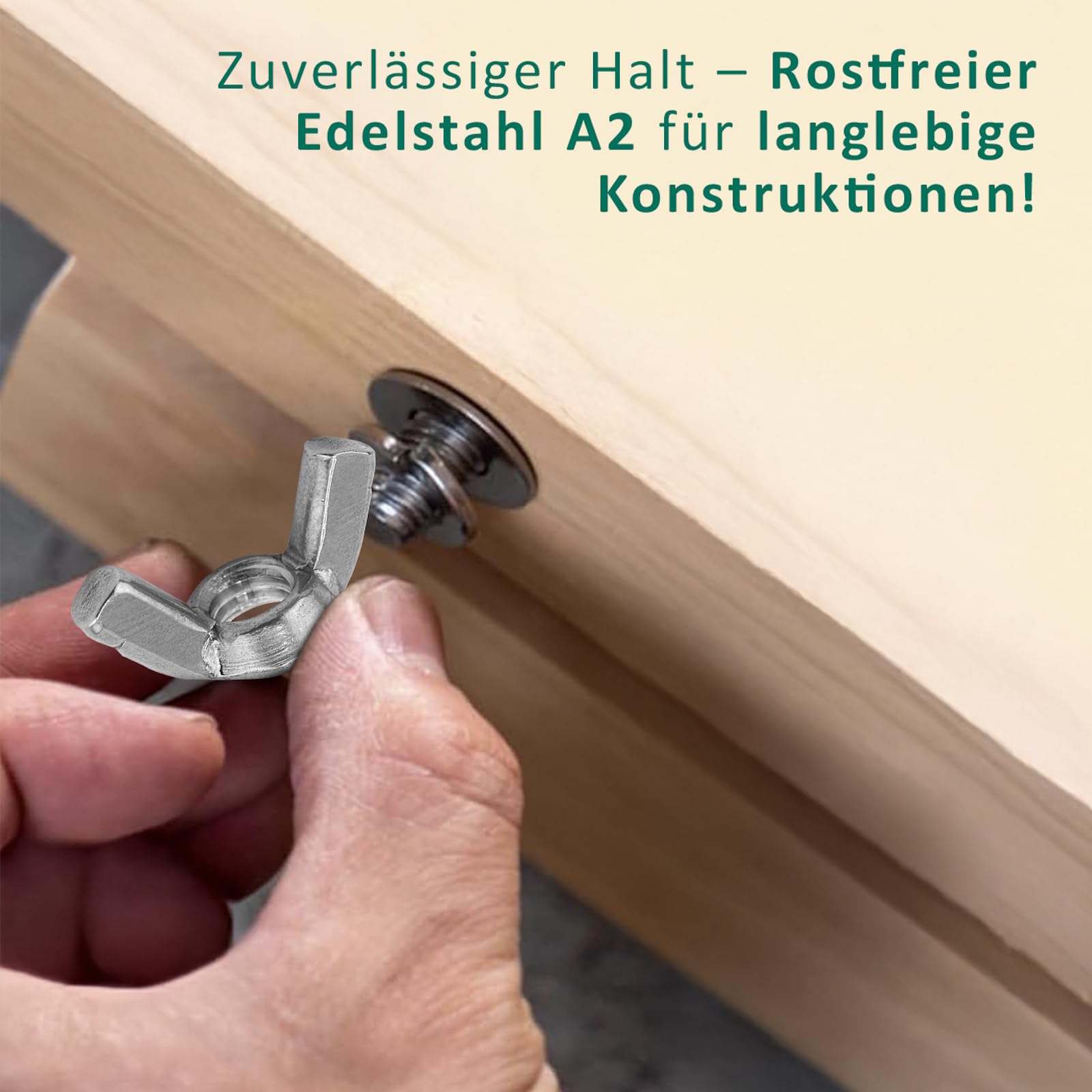 DSM – śruby zamkowe M12 x 65 mm zgodnie z DIN 603 – nakrętka motylkowa DIN 315 – stal szlachetna A2/V2A – pełny gwint – śruby z łbem płaskim z nasadką czworokątną – nakrętka motylkowa – 100 sztuk