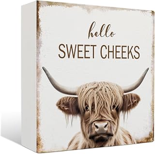 Nrleey Rustic Highland Cow 'Hello Sweet Cheeks' Bathroom Wood Sign - Funny Western Decor Plaque, 5x5 Inches