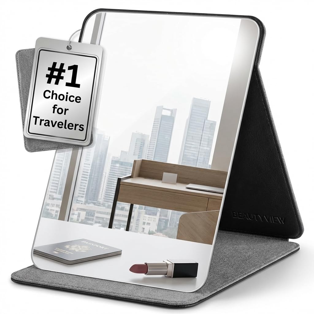 20 × 15 CM Portable Folding Mirror, Black PU Leather Travel Mirrors, Super HD Compact Makeup Mirror with Stand, Desktop Foldable Mirrors, Vanity Mirrors,
