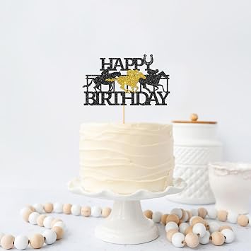 Maicaiffe Horse Racing Birthday Cake Topper - Horse Birthday Party Decorations for Kids or Adults - Western Horse Birthday Party Cake Decorations, Black Glitter