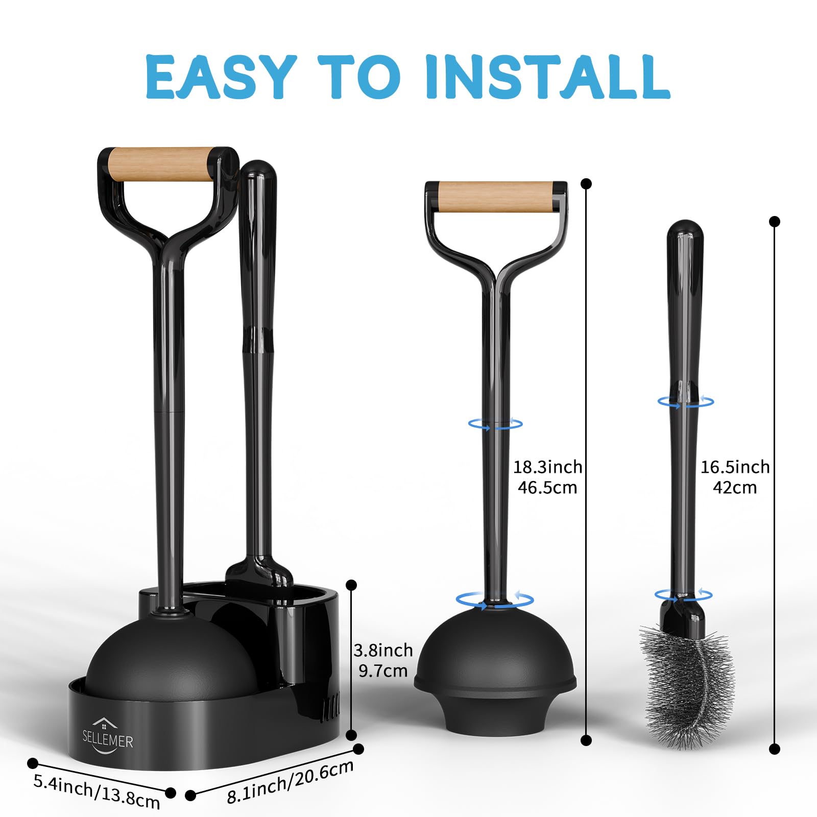 Sellemer Toilet Brush and Plunger Set, Curved Design Head for Deep Cleaning, Heavy Duty Toilet Bowl Brush and Plunger Combo with Holder for Bathroom Cleaning, Black, 1 Pack — view 5