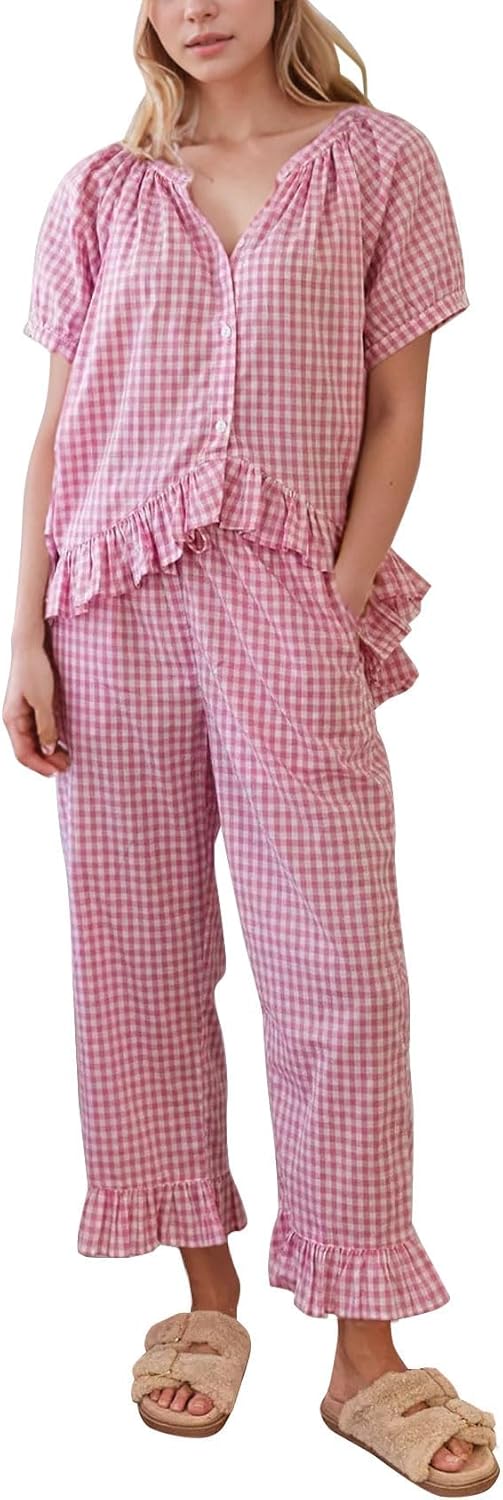Flygo Plaid 2-Piece Pajama Set - Gingham Button-Down Puff Sleeve