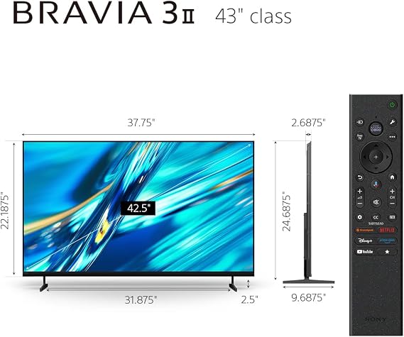 Sony 43 Inch BRAVIA 3 II LED 4K HDR Smart Google TV with Gemini K-43XR30M2 | XR Processor with AI Technology, Dolby Vision/Atmos, 120Hz Refresh Rate, 4K movie credits included, 4xHDMI 2.1, PS5 Features