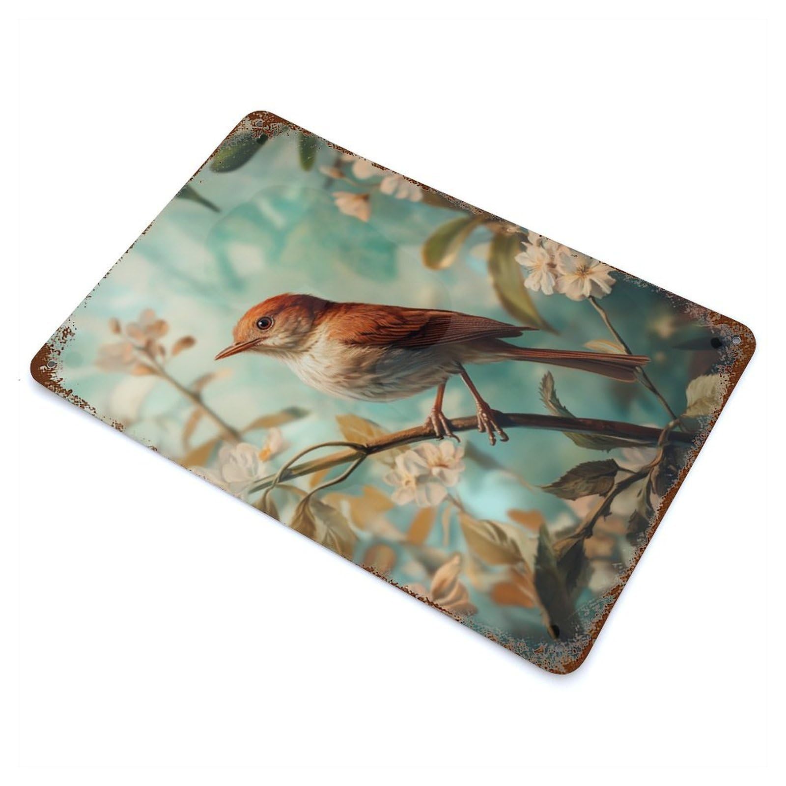 Nightingale Bird on Branch with Flowers Aged Metal Wall Plaque 11.8"x7.9", Farmhouse Wall Decor for Office, Studio And Wall Decor