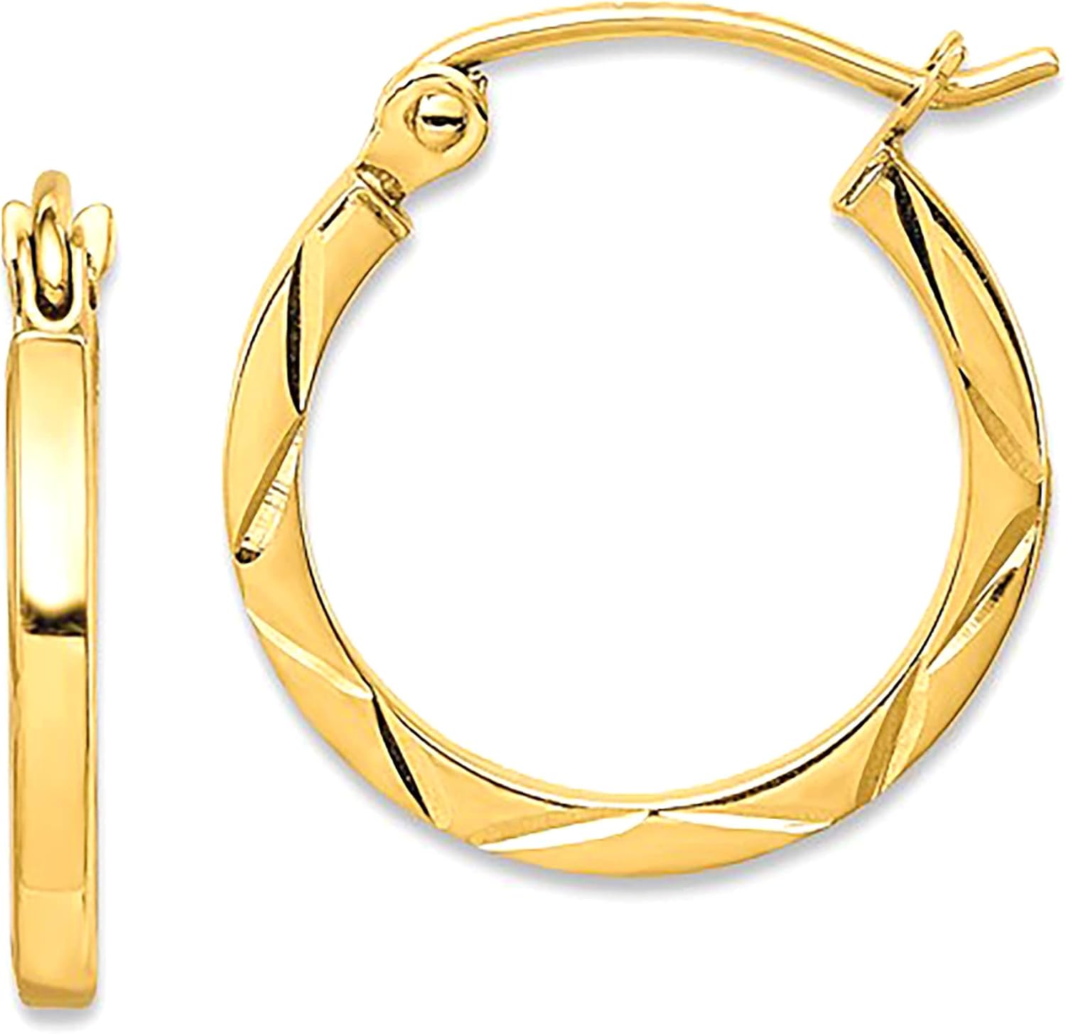 10K Yellow Gold Diamond Cut Hoop Earrings, Diameter 15mm