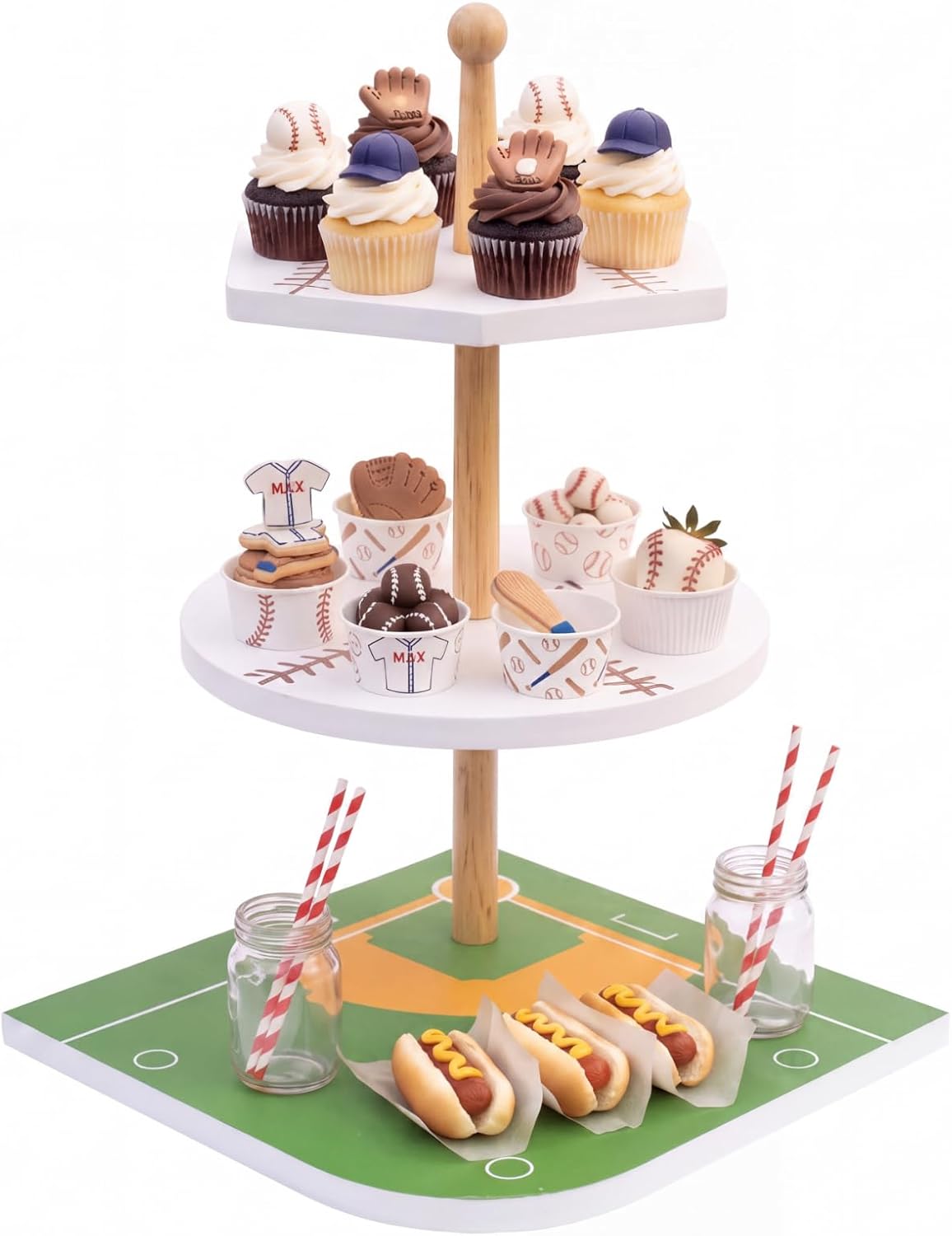 Thenshop 3-Tier Wooden Baseball Cupcake Stand 12 Inch, World Baseball Party Decorations, Sport Dessert Cake Table Displays for Tailgate, Birthday, Baby Shower, Sports Theme Party Supplies