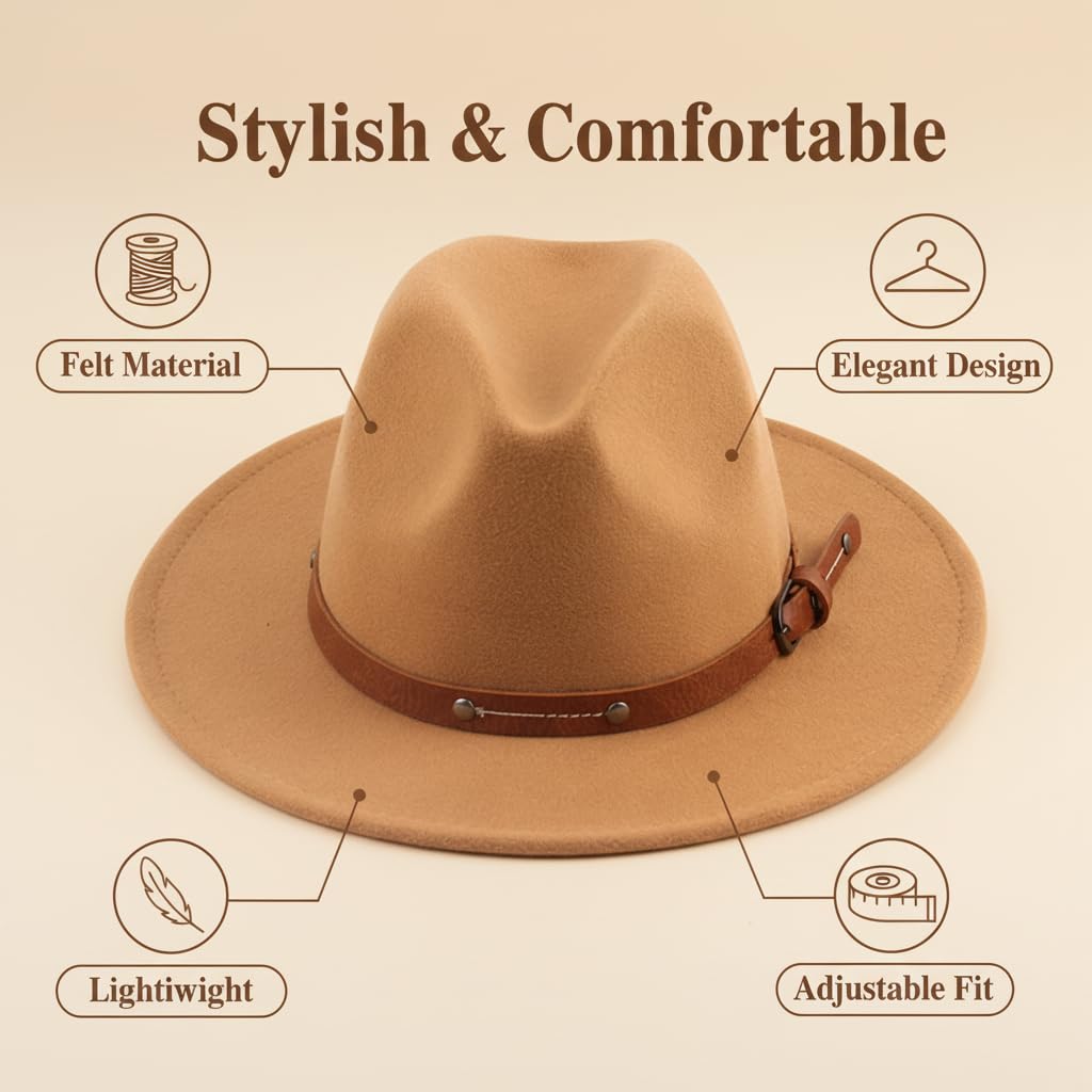 QUUPY Kaki Classique Felt Fedora Chapeau Large Bord Soft Hair Panama Chapeau Automne Hiver Jazz avec Rivet Boucle déployante et Cordon de Serrage réglable