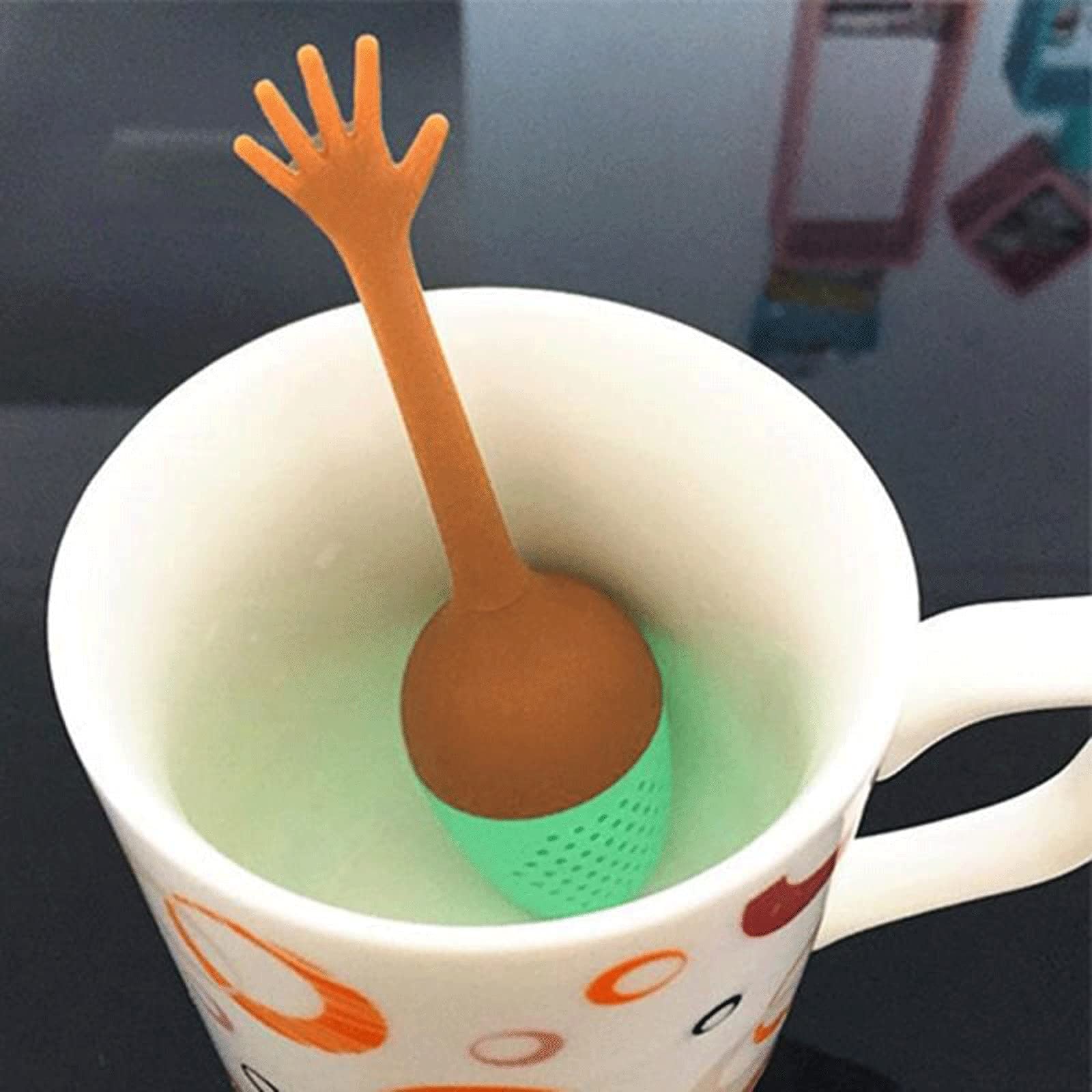 Colador de té, colador de té, infusor de té divertido con gestos de mano, colador de té de silicona de grado FDA, soporte de especias de hierbas para hojas sueltas, accesorios de cocina (E)