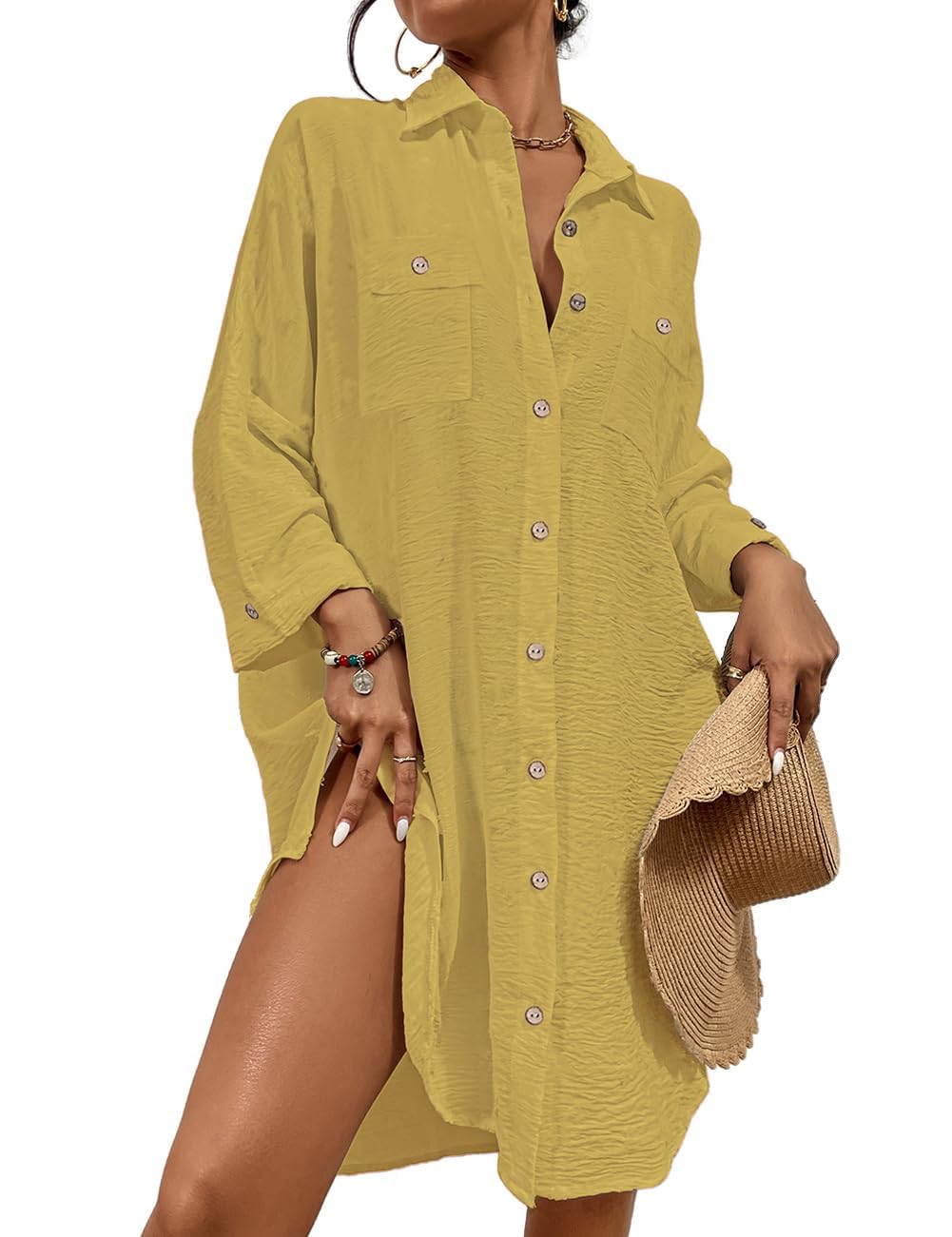 Bsubseach Mujer Traje de baño Cover Up Bikini Vestido Corto de Playa Blusa Casual de Manga Larga Ropa de Playa Camisola y Pareos