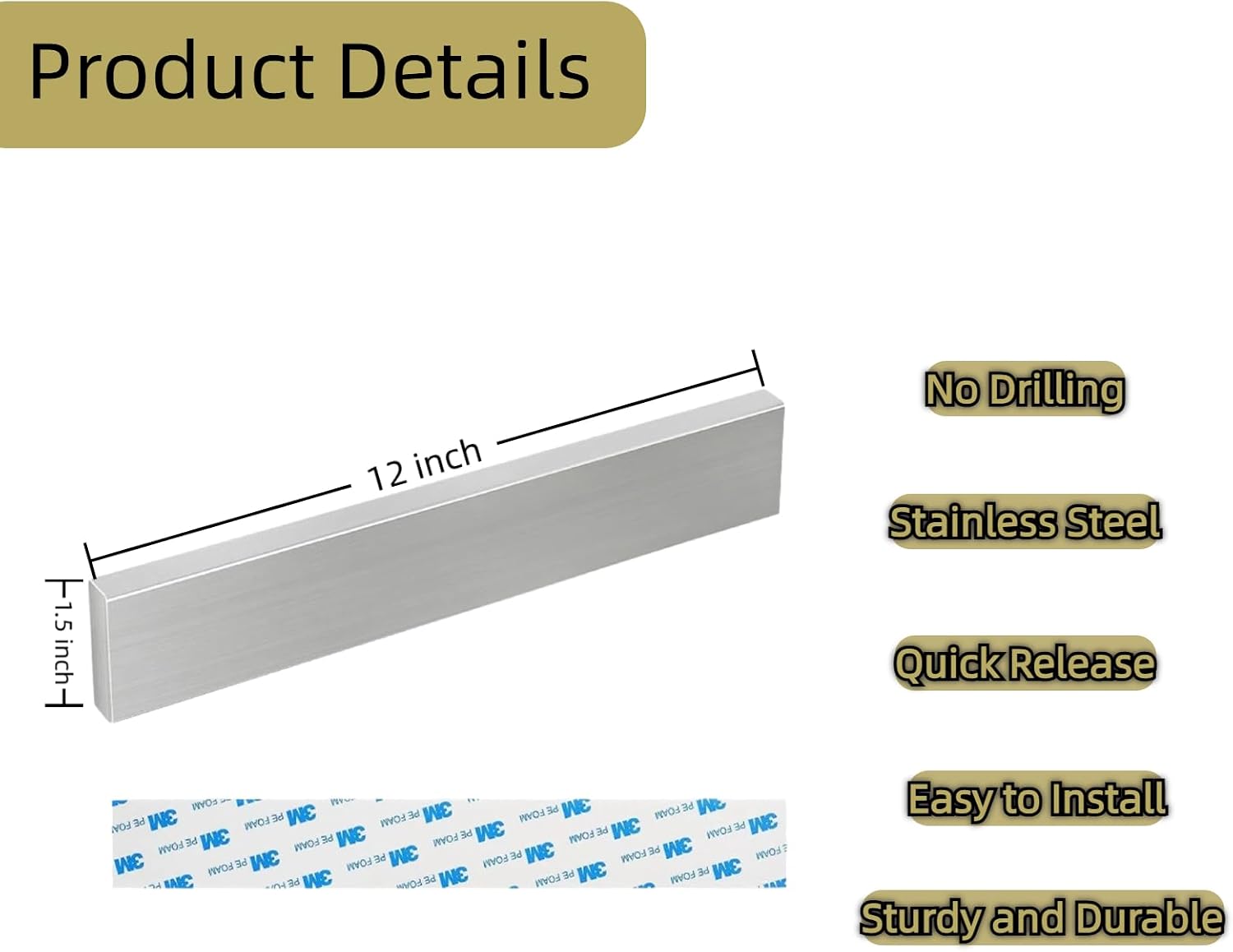 Premium Magnetic Knife Strip for Wall no Drilling – 12 Inch Stainless Steel Magnetic Knife Holder with Strong Adhesive Tipe,Upgraded Magnetic Knife Organizer for Wall with 3M Type