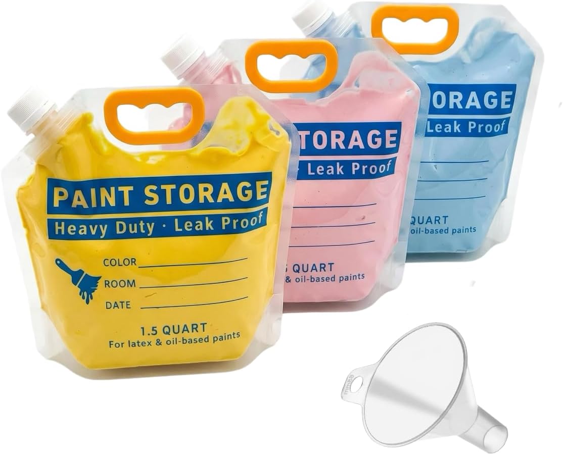 3 Pack Paint Storage Bags, Heavy Duty and Leak Proof, Reusable Leftover Paint Containers for Latex and Oil-Based Paints, 1.5QT