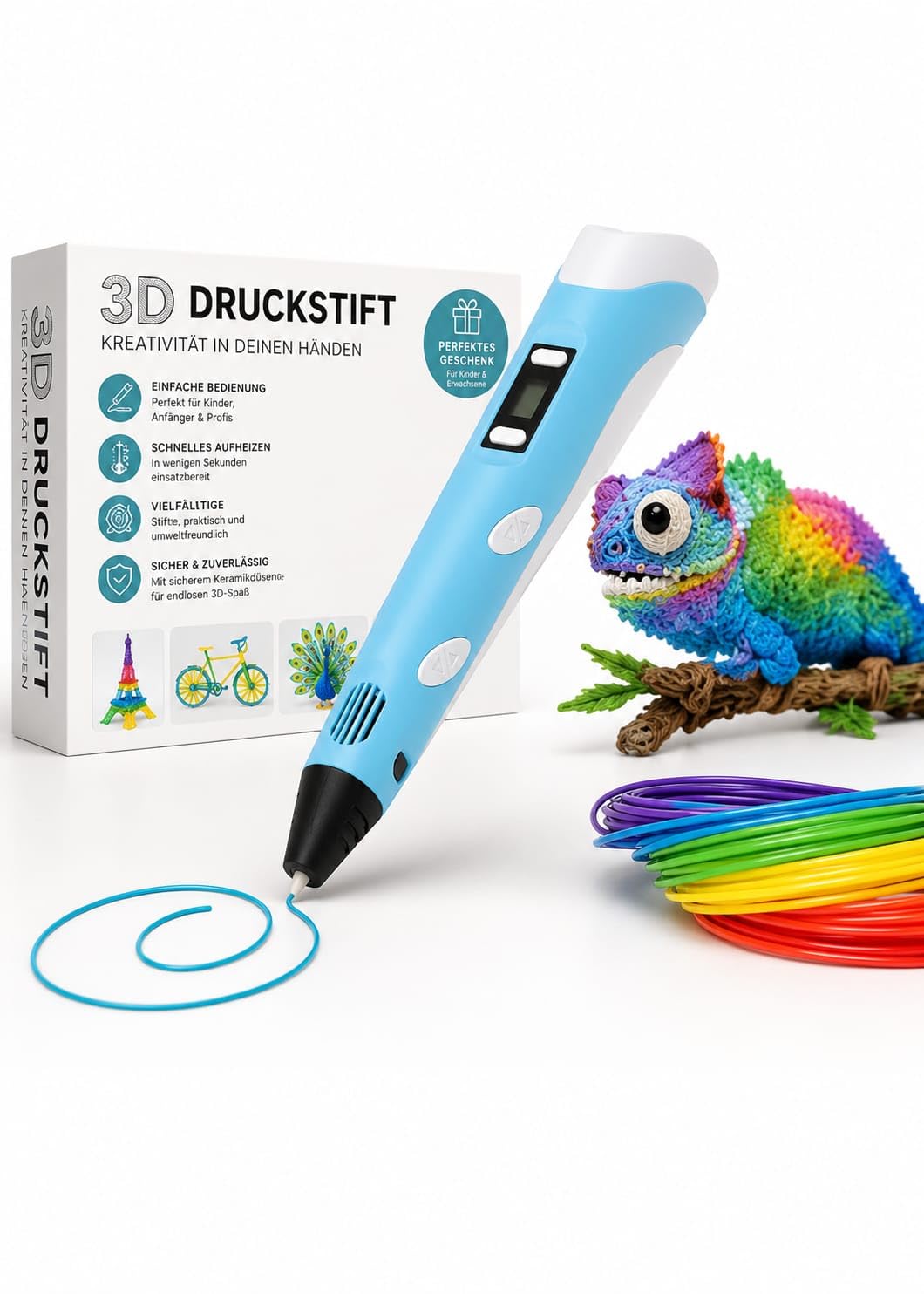 3D Stift für Kinder, 3D Stift Set, 3D Pen, Mit 15 Farben und 75 m Filament, + Malbuch