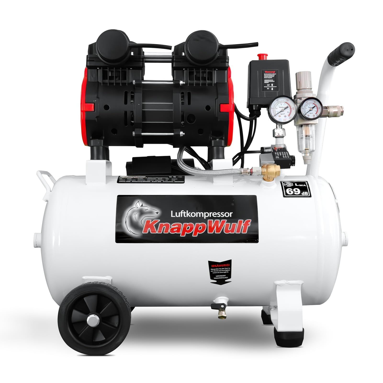 KnappWulf Flüsterkompressor Druckluftkompressor Kompressor KW4024 mit 24L 10 Bar 1100 Watt 1,5PS inkl. Wasserabscheider Kondenswasser Ablasshahn 69db
