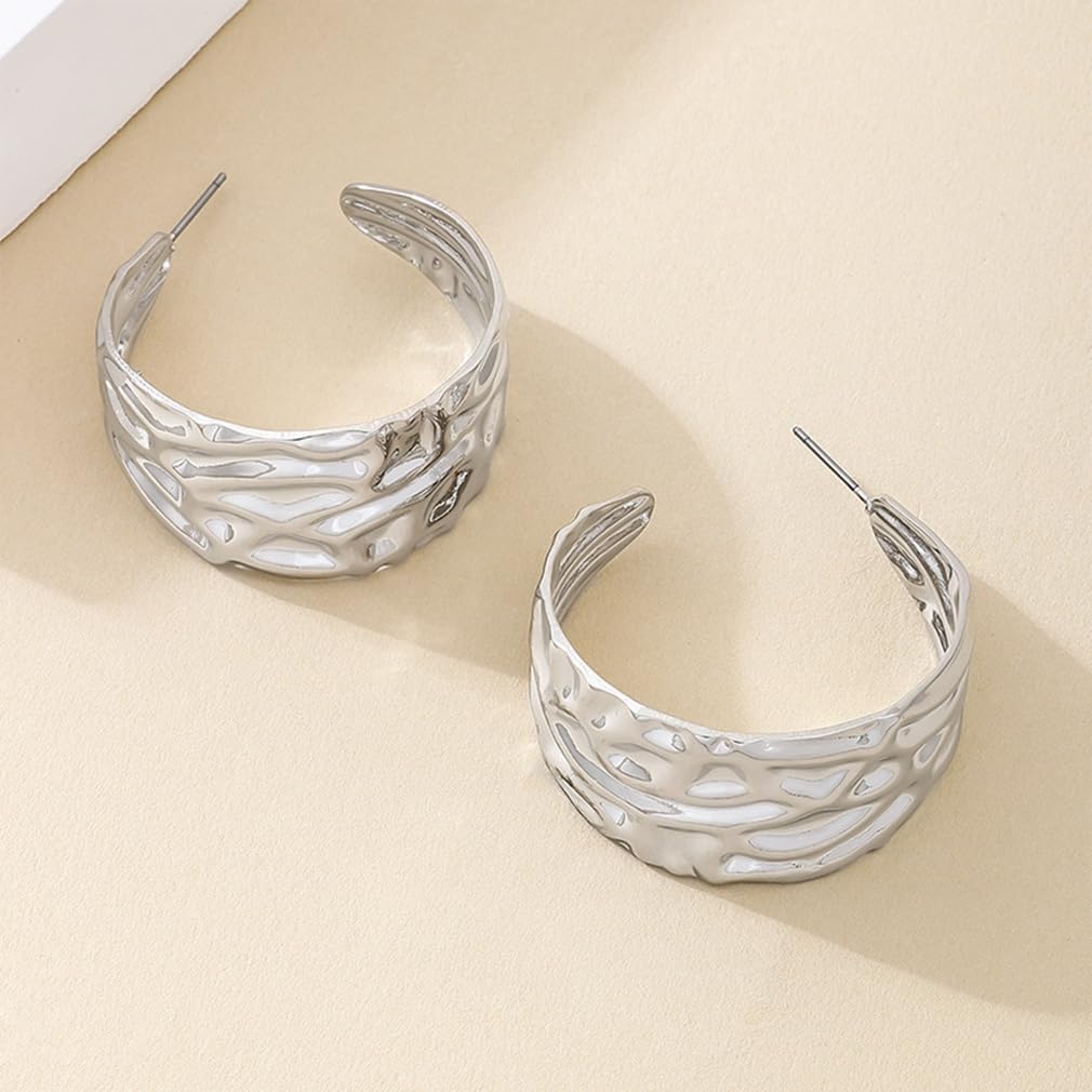 Dainty Hammered Gold Hoop Earrings for Women Chunky Silver Wide Hammer Circle Statement Dangle Earrings Trendy Thick Exaggerated Round Jewelry Accessories - Image 7