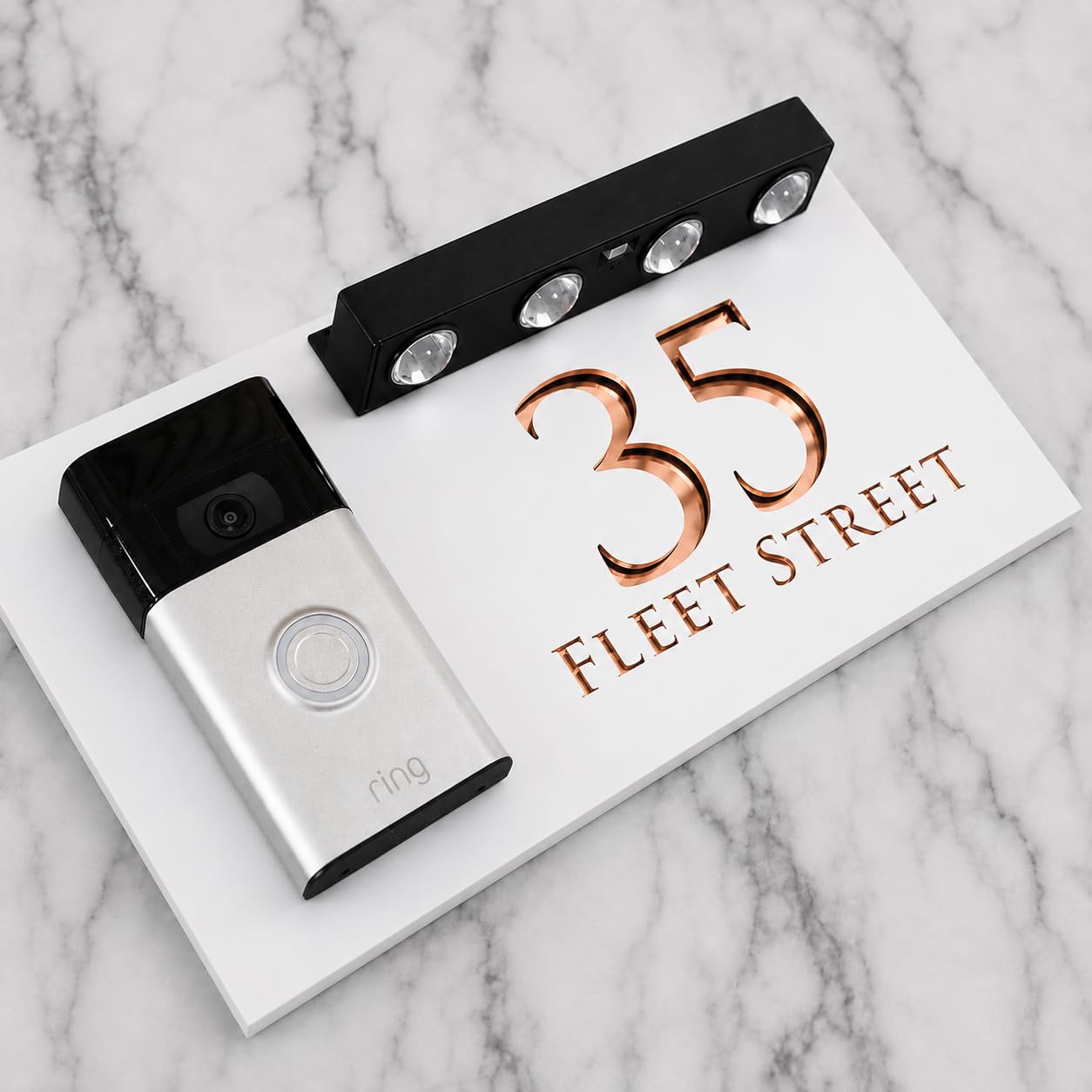 K Smart Sign | Bellissima LED DOORBELL F32 | Personalised House Doorbell Solar LED Signs 3d Door Numbers Street Address Number Plaques | 300mm x 160mm (White & Copper Mirror)