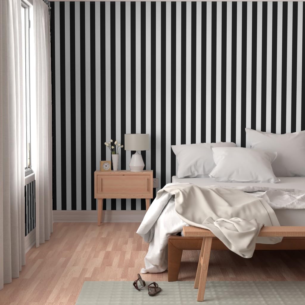 Spoonflower Removable Wallpaper 3ft x 2ft - Inch Black White Stripes Vertical Classic Simple Home Decor Traditional Custom Pre-Pasted Wallpaper