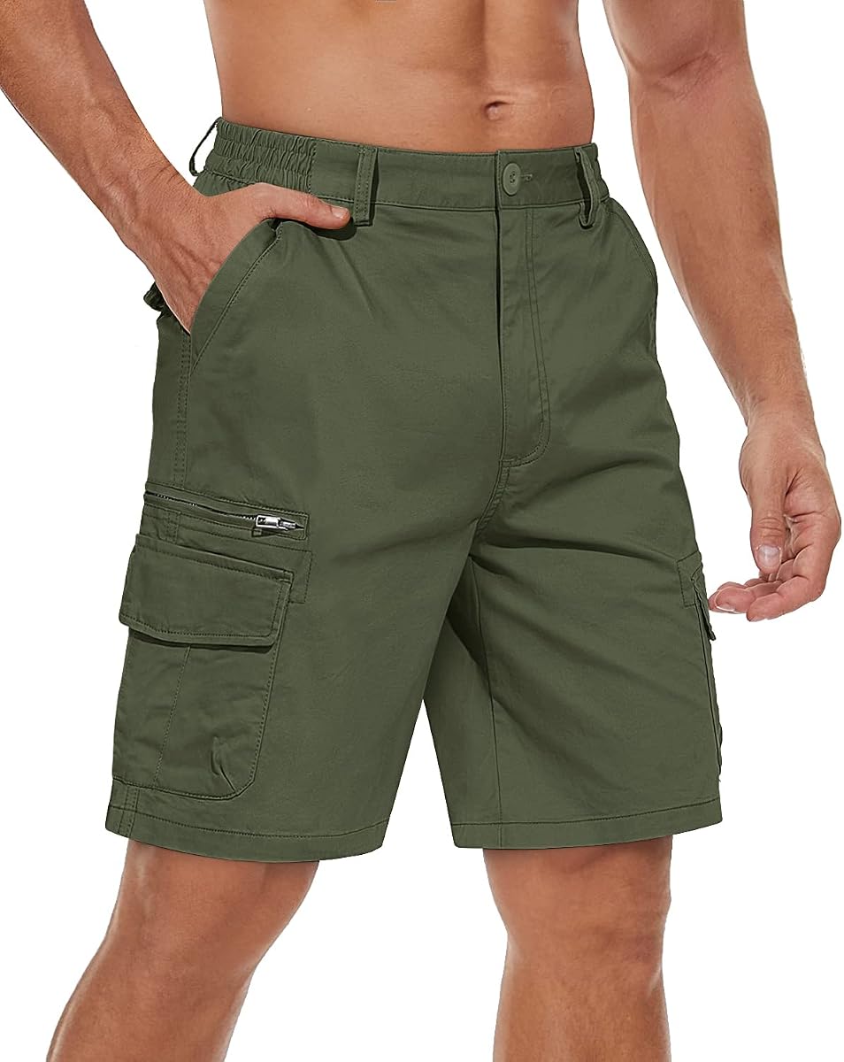 TACVASEN Pantalones Cortos de Algodón para Hombre Pantalones Cortos Cargo Planos Informales de Verano con 7 Bolsillos | corte clásico, con bolsillos con cremallera, cintura elástica, ligero, transpirable, senderismo, escalada, pesca, camping, trabajo, golf, viajes