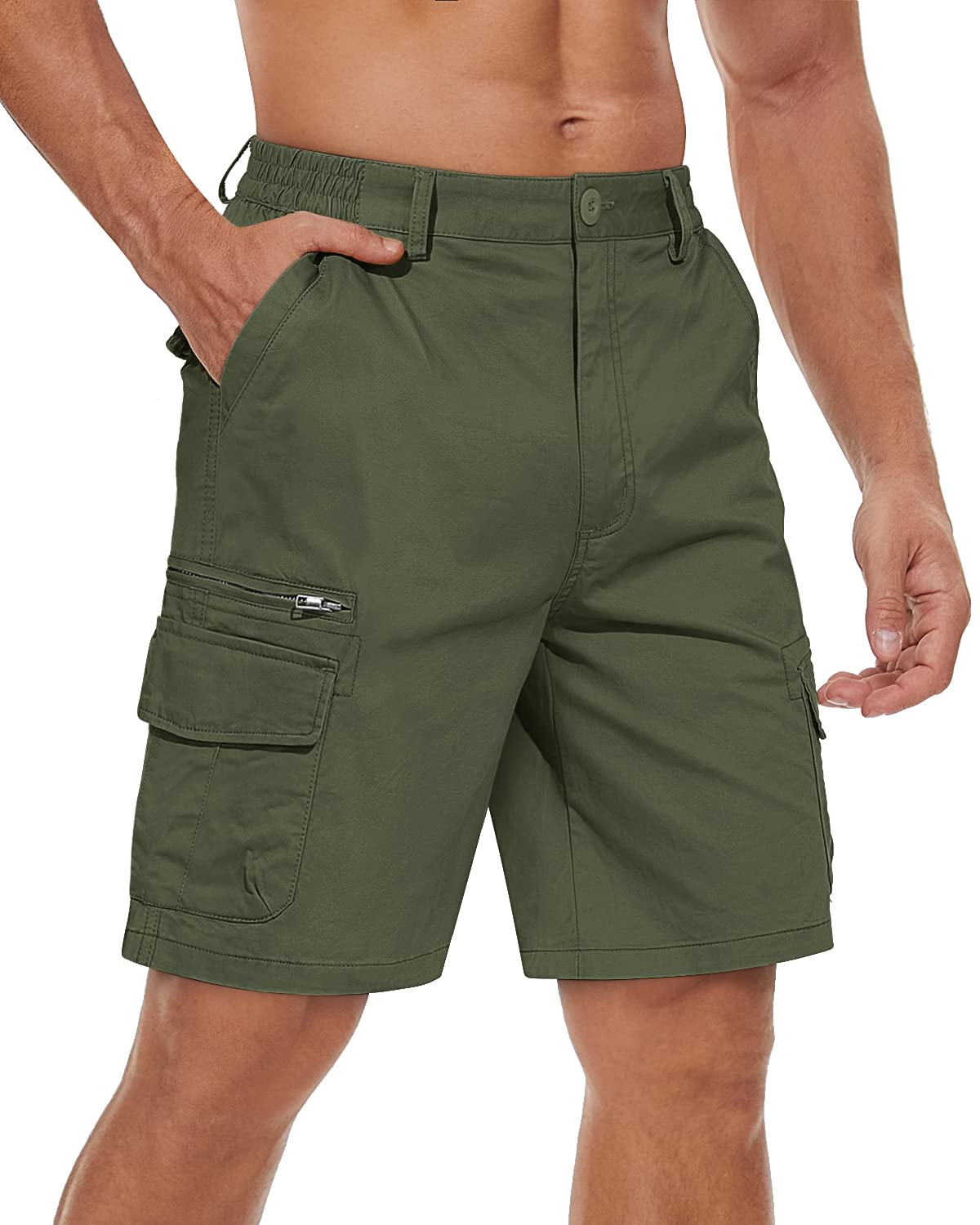 TACVASEN Men's Cargo Short 7 Pockets Comfortable Cotton Elastic Waist Causal Work Shorts