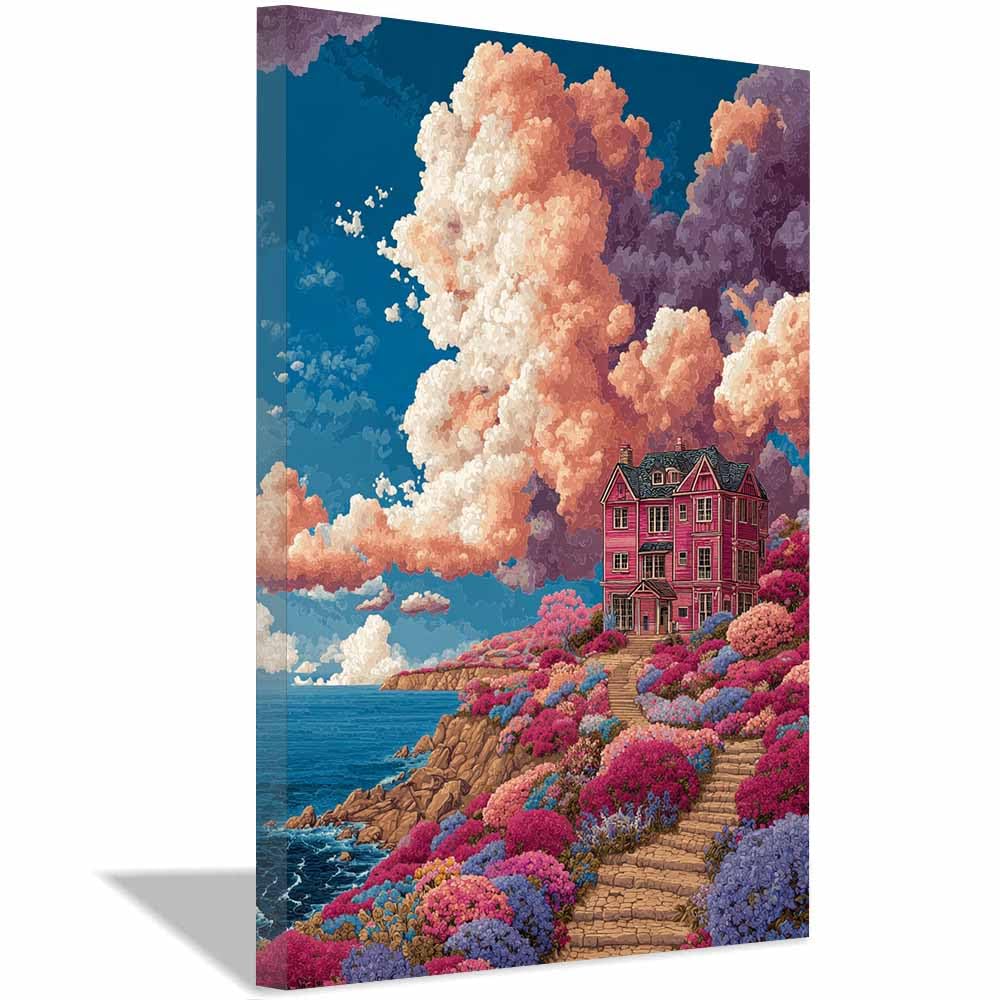 HOQIU Beautiful wall art Whimsicals Coastsal Mansion canvas artwork for wall, art prints, For living room, bedroom, bathroom, dining room, painting and decor.(Multicolor)-30x40cm Framed