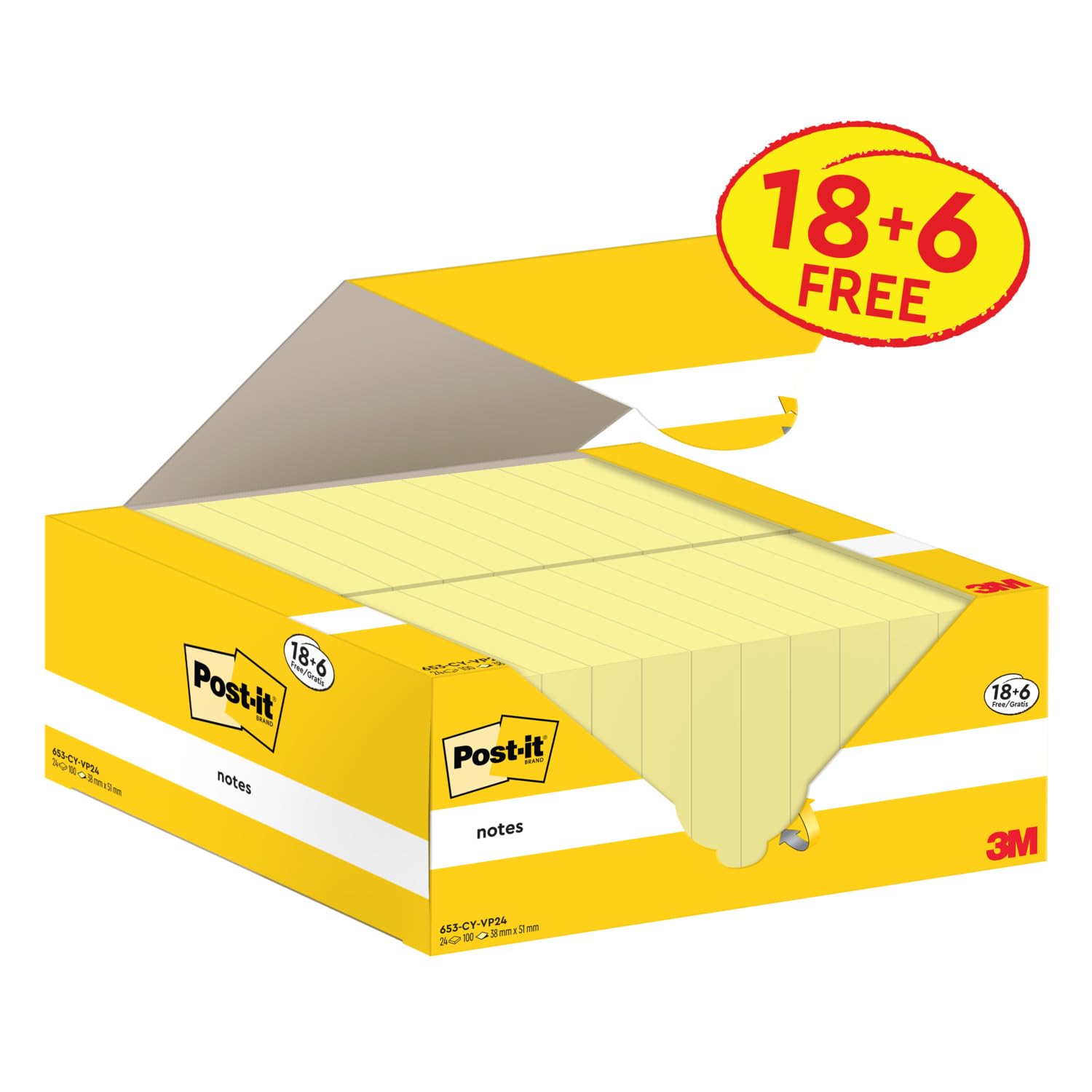 Post-it Notes Canary Yellow, Promo Pack 18 + 6 Free Pads, 100 Sheets per Pad, 38 mm x 51 mm, Yellow Color - Image 2