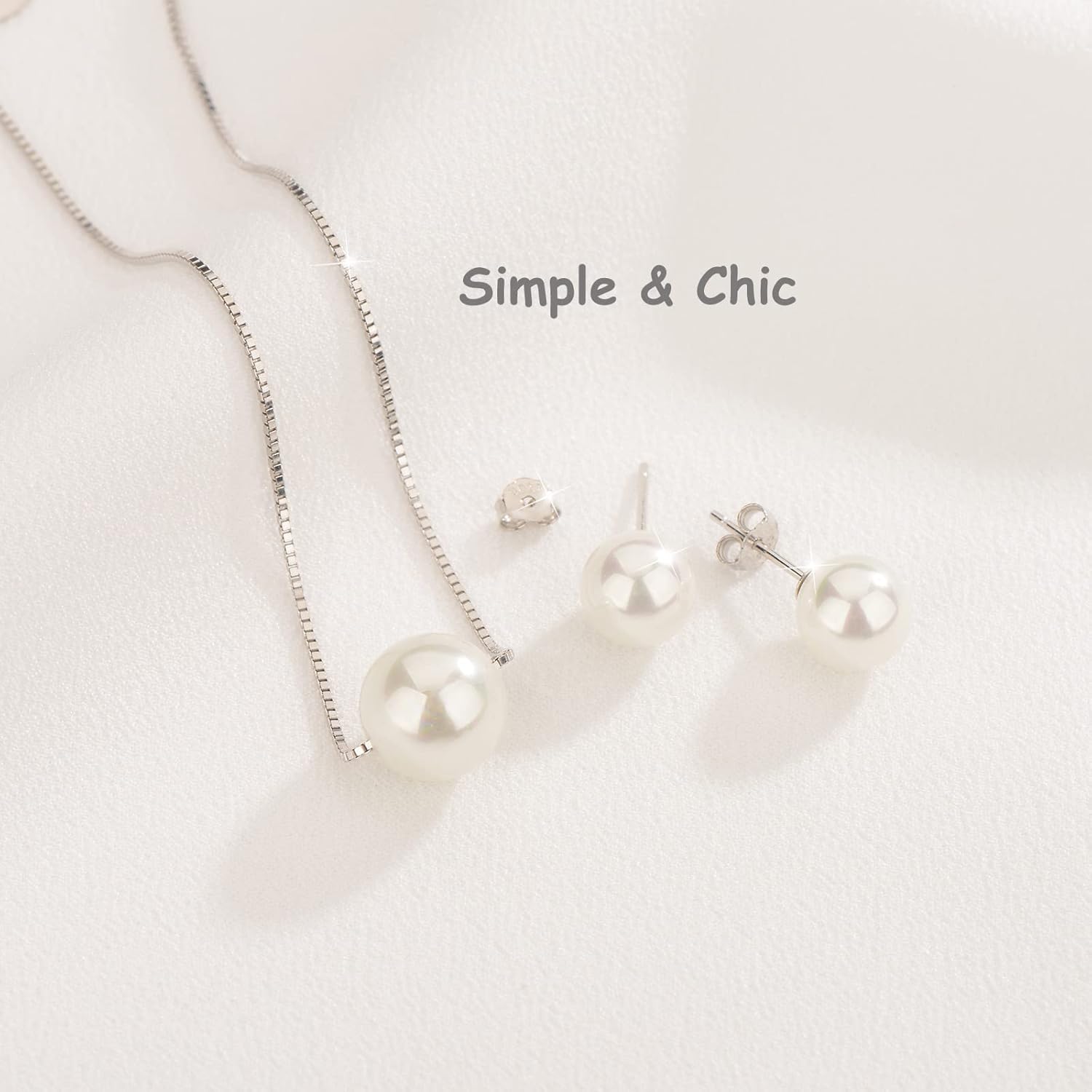 Single Pearl Necklace Earrings Set for Women,Classic Pearl Jewelry Set Gifts for Weddings,Birthday,Anniversary - Image 5
