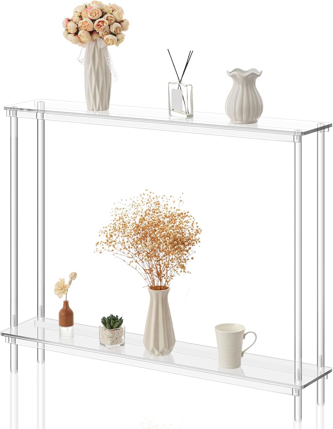 acrylic console table narrow entryway table 7.6" d x 39.4" w x 31.5" h cylindrical legs 2-tier thickened clear acrylic furniture for sofa foyer hallway living room modern