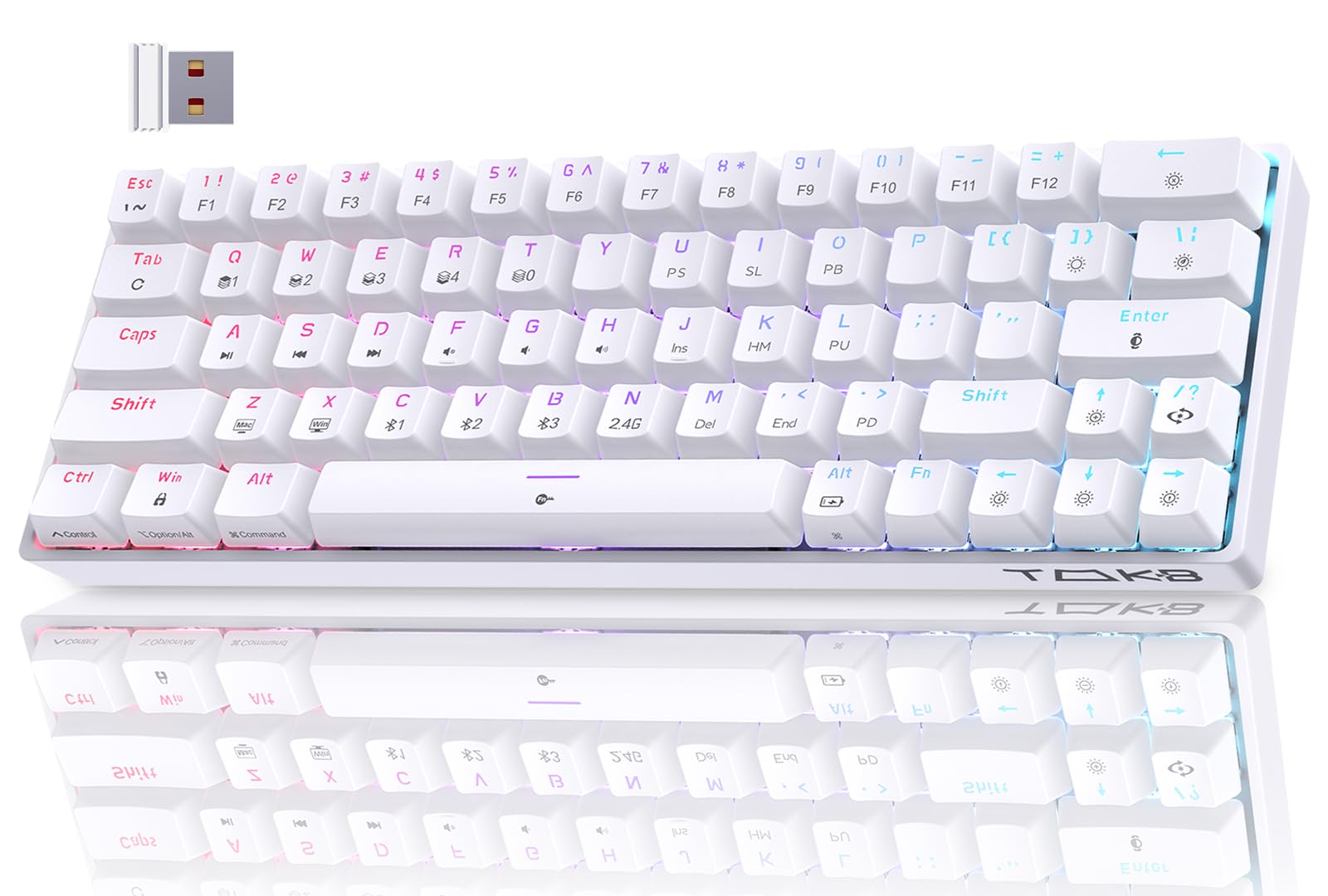 T63 Tastiera Wireless Meccanica Gaming con 2.4Ghz/Bluetooth/Type-C,Retroilluminazione RGB,Double-Shot Keycaps Compatibile con Win/Mac,Bianco