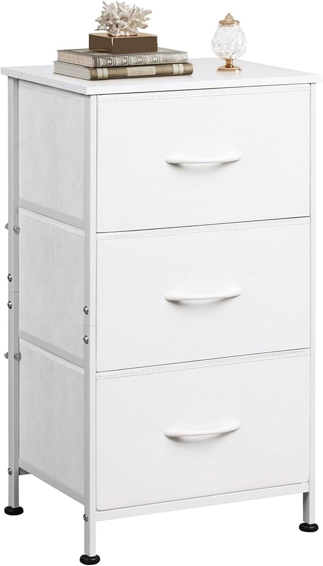 WLIVE Nightstand with 3 Drawers, Fabric Dresser, Organizer Unit, Storage Dresser for Bedroom, Hallway, Entryway, Closets, Sturdy Steel Frame, Wood Top, Easy Pull Handle, White