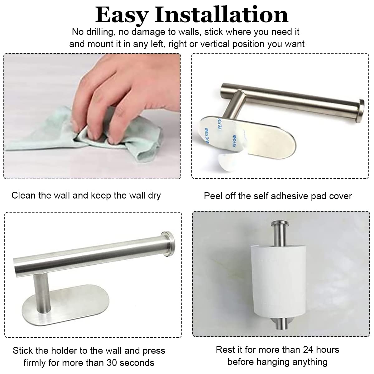 HASTHIP Toilet Paper Holder Self Adhesive 304SS 16 * 4.5 * 8.2CM Silver — Amazon image 3