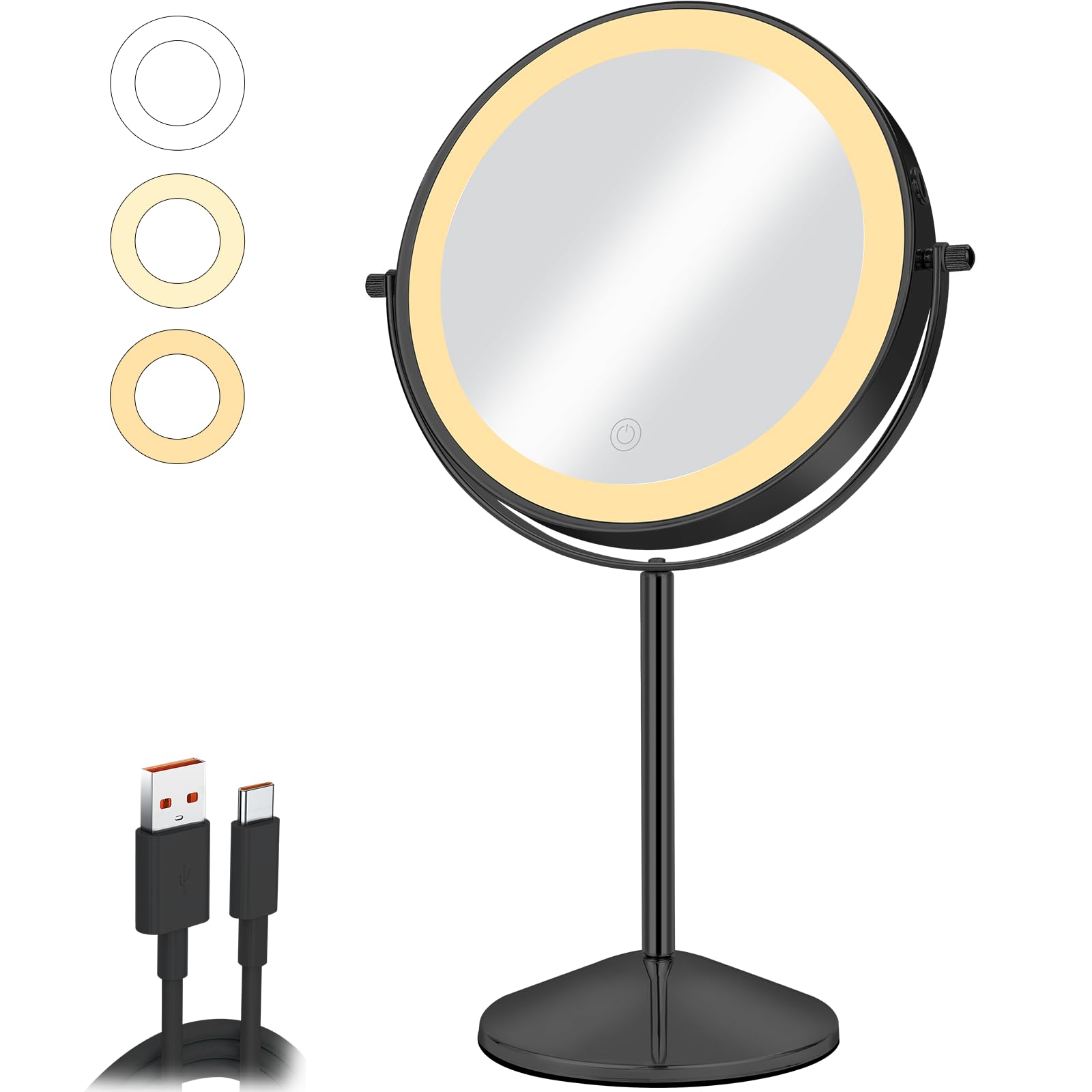 Specchio da trucco da 20,3 cm, con luci LED, ingrandimento 1X/10x, ricaricabile, controllo touch dimmerabile a 3 colori, rotazione a 360 gradi, per la cura della pelle e la toeletta, nero