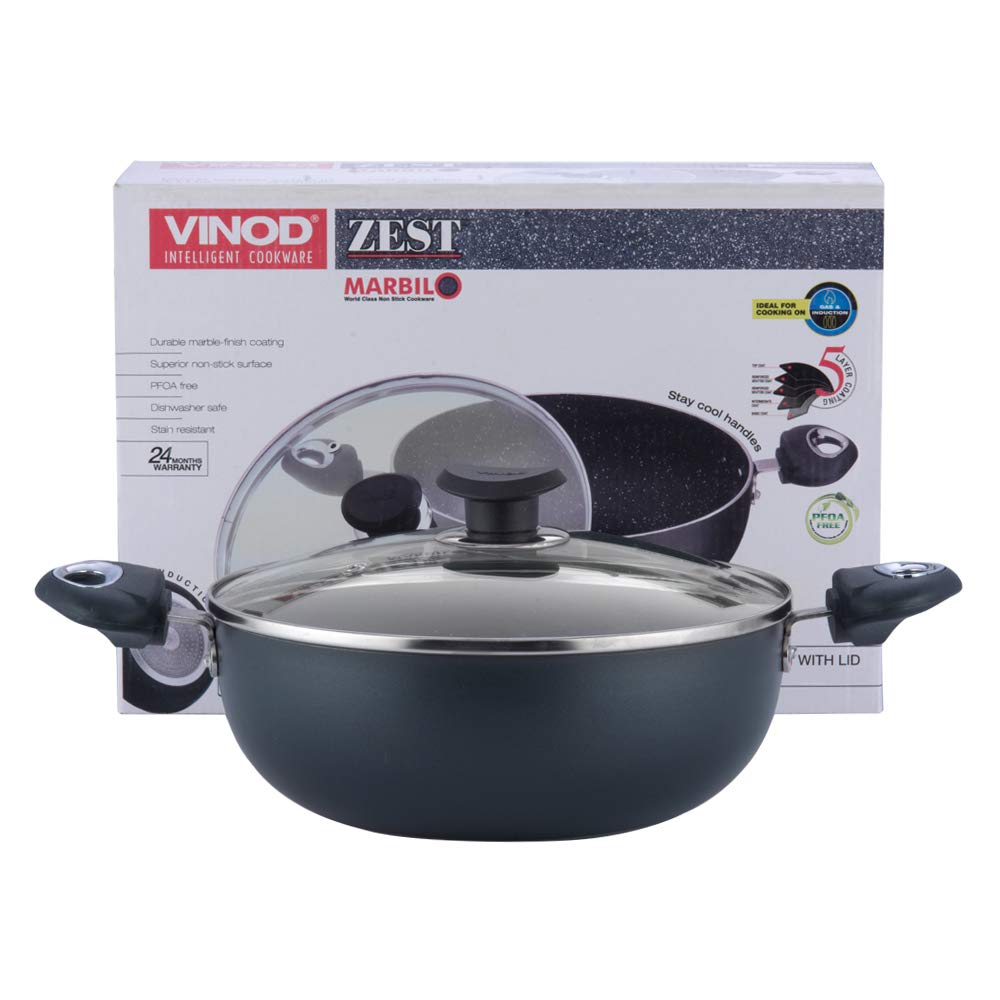 Vinod Marbilo Aluminium Black Non-Stick Deep Kadai with Glass Lid- 24 cm, 3.1 L (Induction Friendly) - Image 5 thumbnail