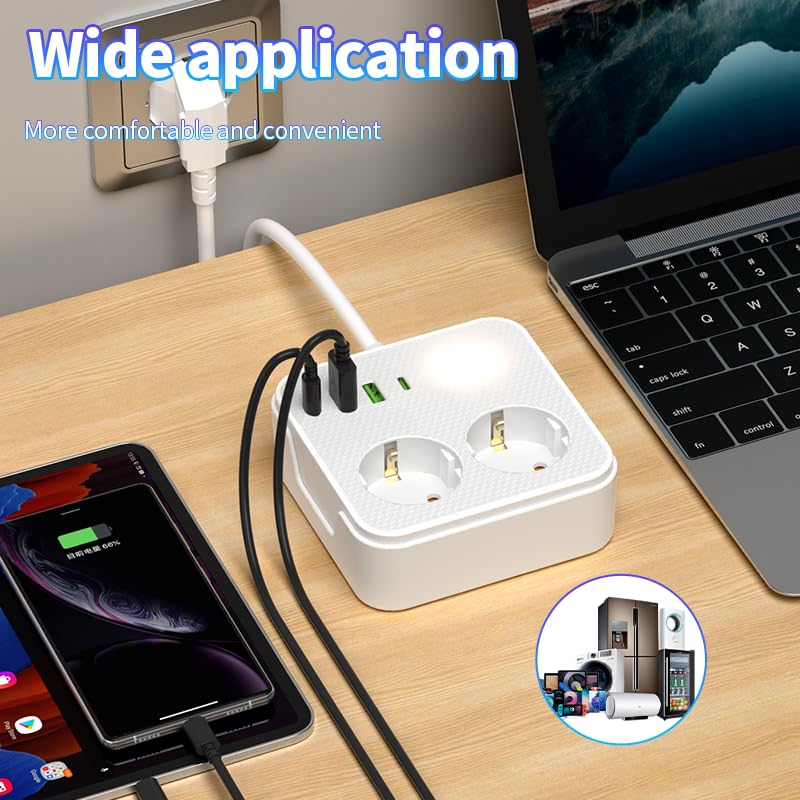 Steckdosenleiste 6-in-1 mit 2M Kabel, 2 AC-Steckdosen, 2 USB und 2 Type-C Anschlüsse, für Zuhause, Büro und Reisen