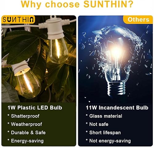 Sunthin White String Lights, 48Ft White Outdoor Lights With 16 1W Shatterproof Led Bulbs For Patio, Garden, Backyard, Porch, Cafe, Deck, Wedding, Party #TOP5