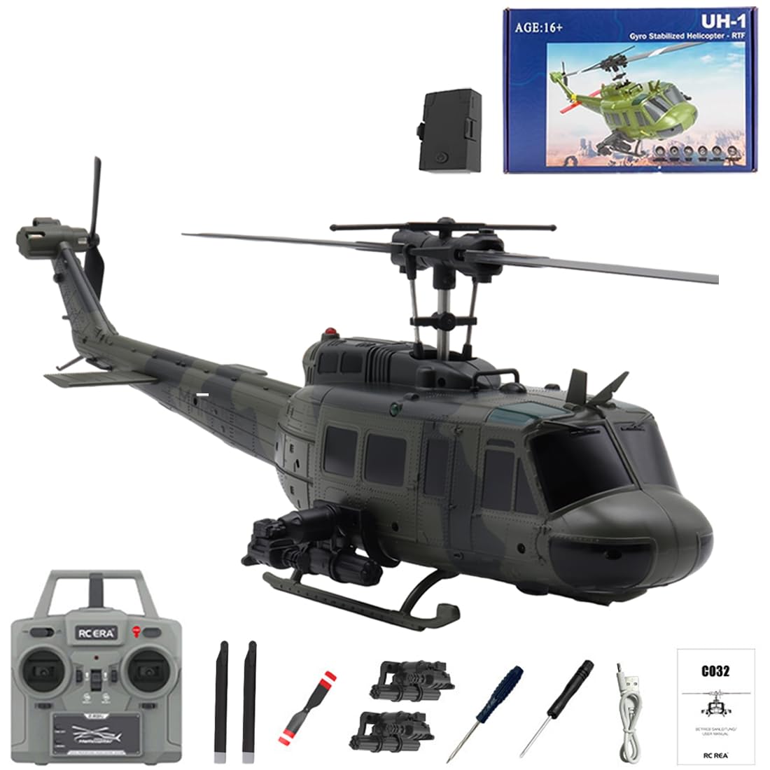 C032 UH-1 Huey 6CH Brushless RC Helicopter, 1/48 Scale Military Remote Control Helicopter with Optical Flow & TOF Altitude Hold, 3D Inverted Flight RC Aircraft Model for Adults - 1 Battery