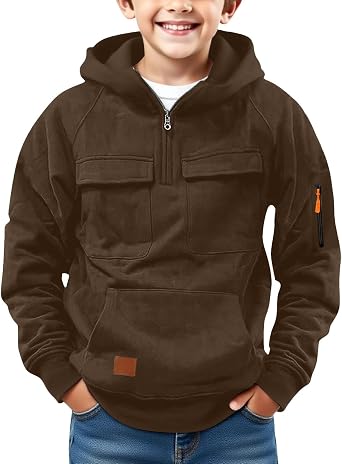 Boys Hoodies Quarter Zip Pullover Long Sleeve Oversized Sweatshirts with Pockets Fall Winter Warm Cargo Tops