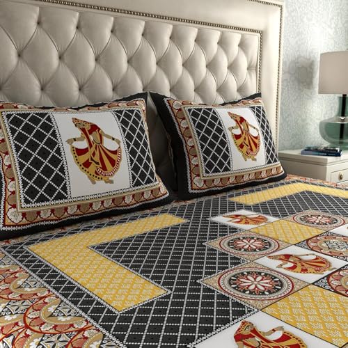 Image of La Verne 104 TC Cotton Double Bed Bedsheet Jaipuri Rajasthani Print Bedsheet with 2 Pillow Covers