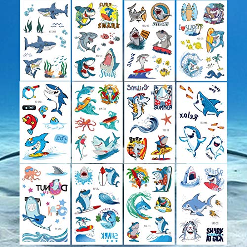 Ooopsiun Shark Temporary Tattoos For Boys - 12 Sheets Ocean Shark Birthday Party Decorations Supplies Favors For Boys Kids #TOP1