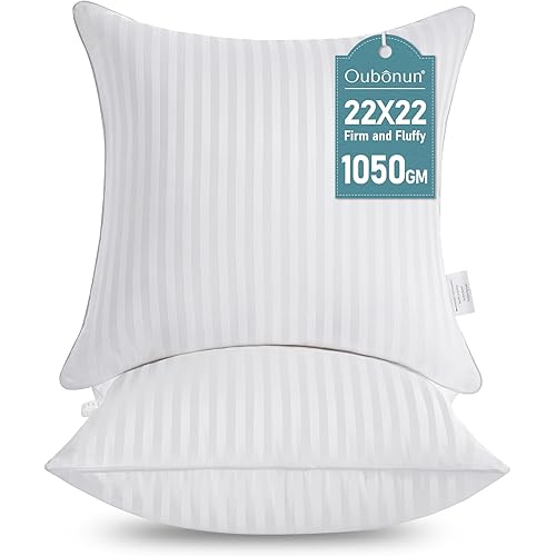 Oubonun 22 x 22 Throw Pillow Inserts, Firm and Fluffy Decorative Square Pillows for Couch Bed Sofa with Soft Cotton Cover White Cushion with Down Alternative Pack of 2
