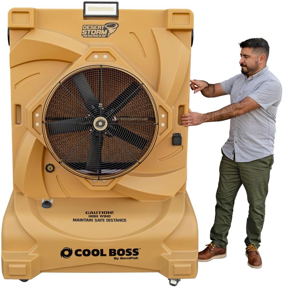BendPak Cool Boss Desert Storm Evaporative Cooler, 80-Gallon Tank, 12,180 CFM, Covers 6,090 Sq. Ft., 28" Fan, 208-230V, Fixed Louvers, Remote, Timer, LED Floodlight, for Commercial Use