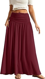 HERBATOMIA Women's Flowy Maxi Skirt Ruched High Waisted Stretchy with Pockets Summer Beach Long Skirt